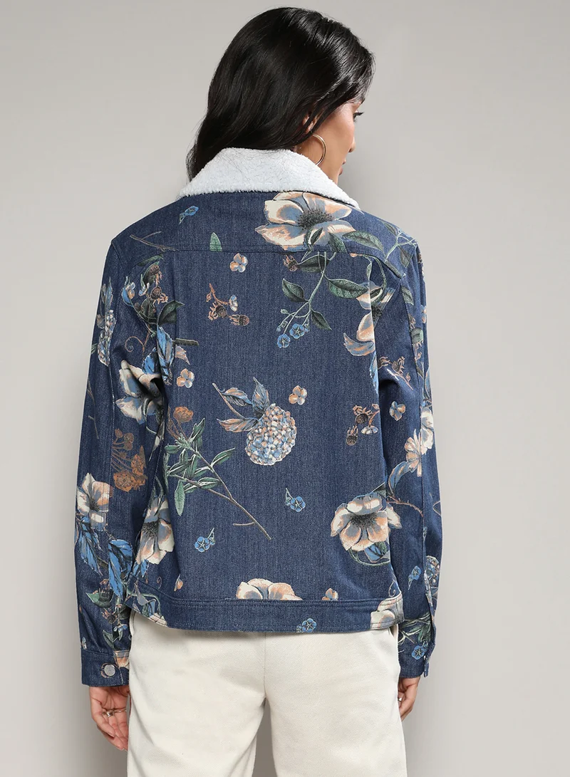 Pinacolada  Women's Blue Botanical Denim Jacket For Casual Wear | Spread Collar | Long Sleeve | Button Closure | Jacket Crafted With Comfort Fit For Everyday Wear for Women | Best Price UAE